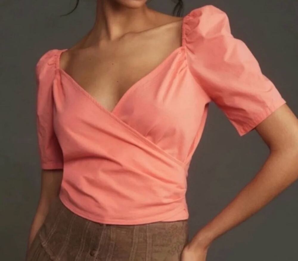 Anthropologie Wrap Short Puff Sleeve Tee Shirt Top Coral Pink Large